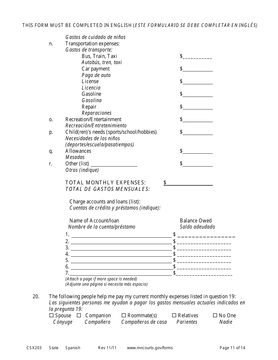 Form CSX203 Affidavit in Support of Motion to Modify Child Support - Minnesota (English / Spanish), Page 11