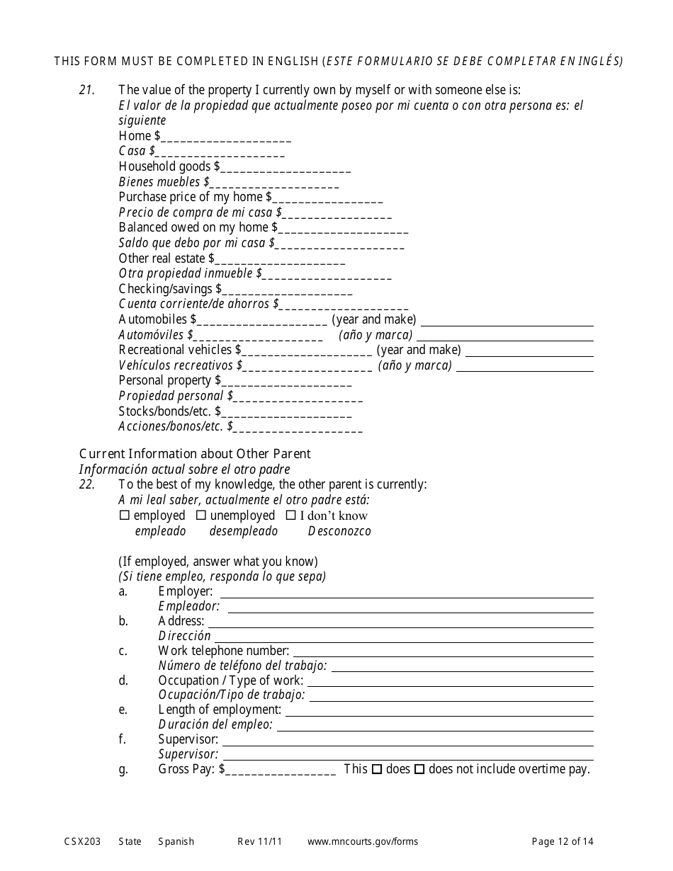 Form CSX203 Affidavit in Support of Motion to Modify Child Support - Minnesota (English / Spanish), Page 12