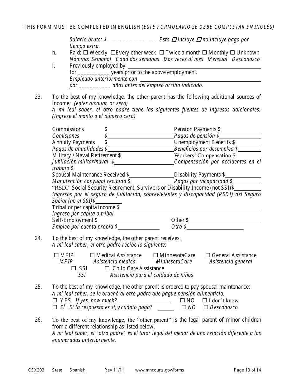 Form CSX203 Affidavit in Support of Motion to Modify Child Support - Minnesota (English / Spanish), Page 13