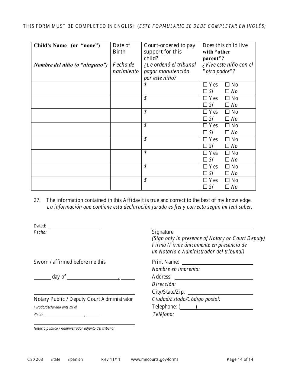 Form CSX203 Affidavit in Support of Motion to Modify Child Support - Minnesota (English / Spanish), Page 14