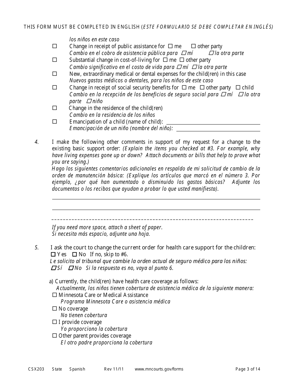 Form CSX203 Affidavit in Support of Motion to Modify Child Support - Minnesota (English / Spanish), Page 3