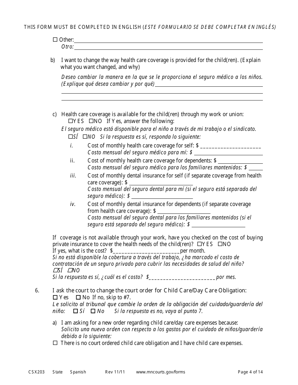 Form CSX203 Affidavit in Support of Motion to Modify Child Support - Minnesota (English / Spanish), Page 4