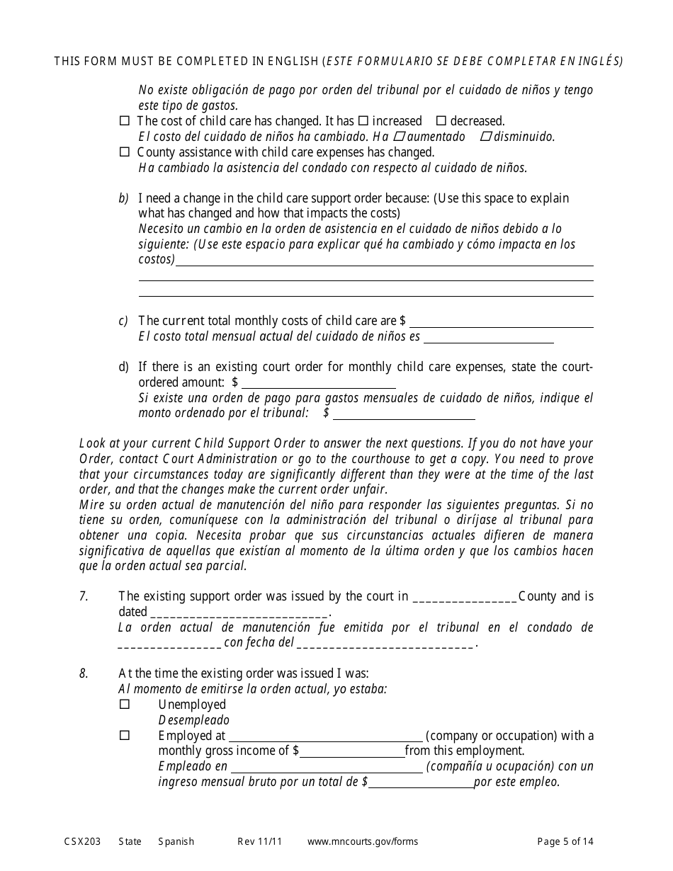 Form CSX203 Affidavit in Support of Motion to Modify Child Support - Minnesota (English / Spanish), Page 5