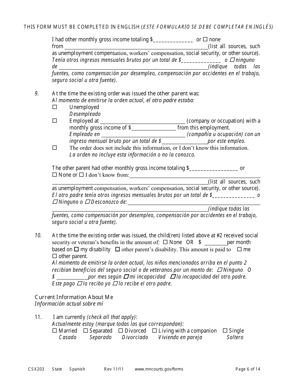 Form CSX203 Affidavit in Support of Motion to Modify Child Support - Minnesota (English / Spanish), Page 6