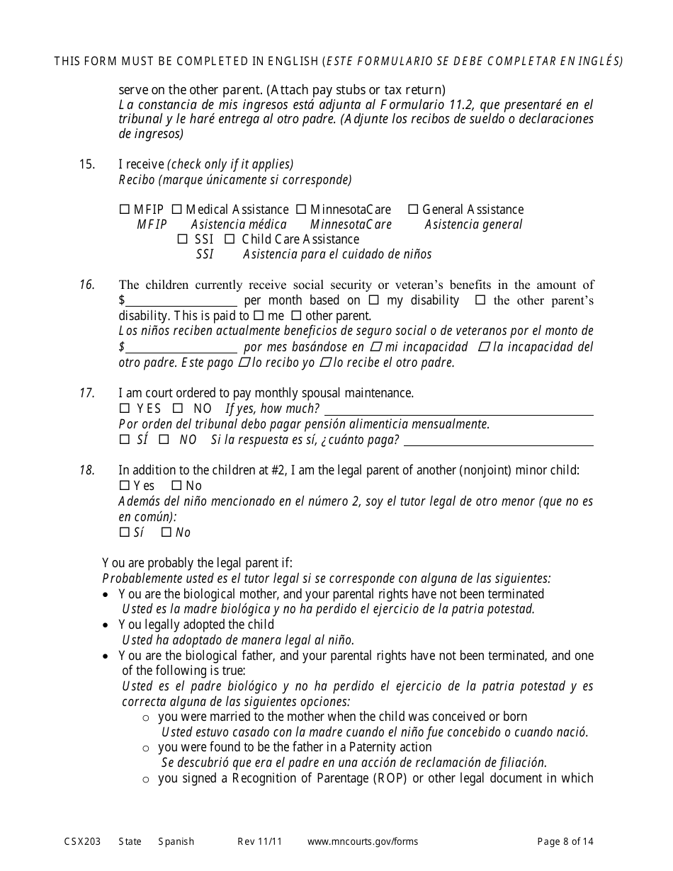 Form CSX203 Affidavit in Support of Motion to Modify Child Support - Minnesota (English / Spanish), Page 8