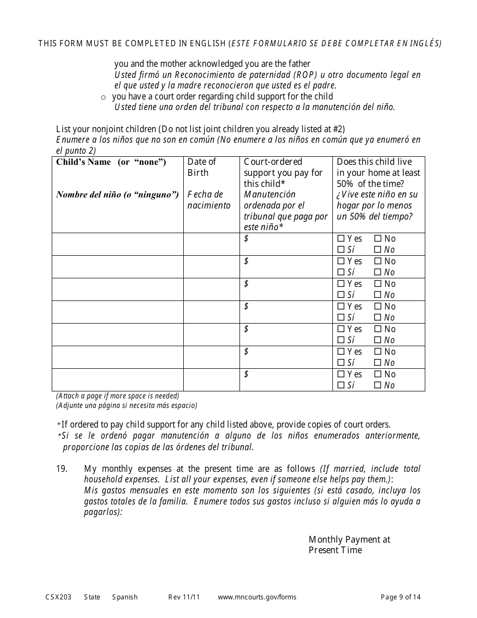 Form CSX203 Affidavit in Support of Motion to Modify Child Support - Minnesota (English / Spanish), Page 9