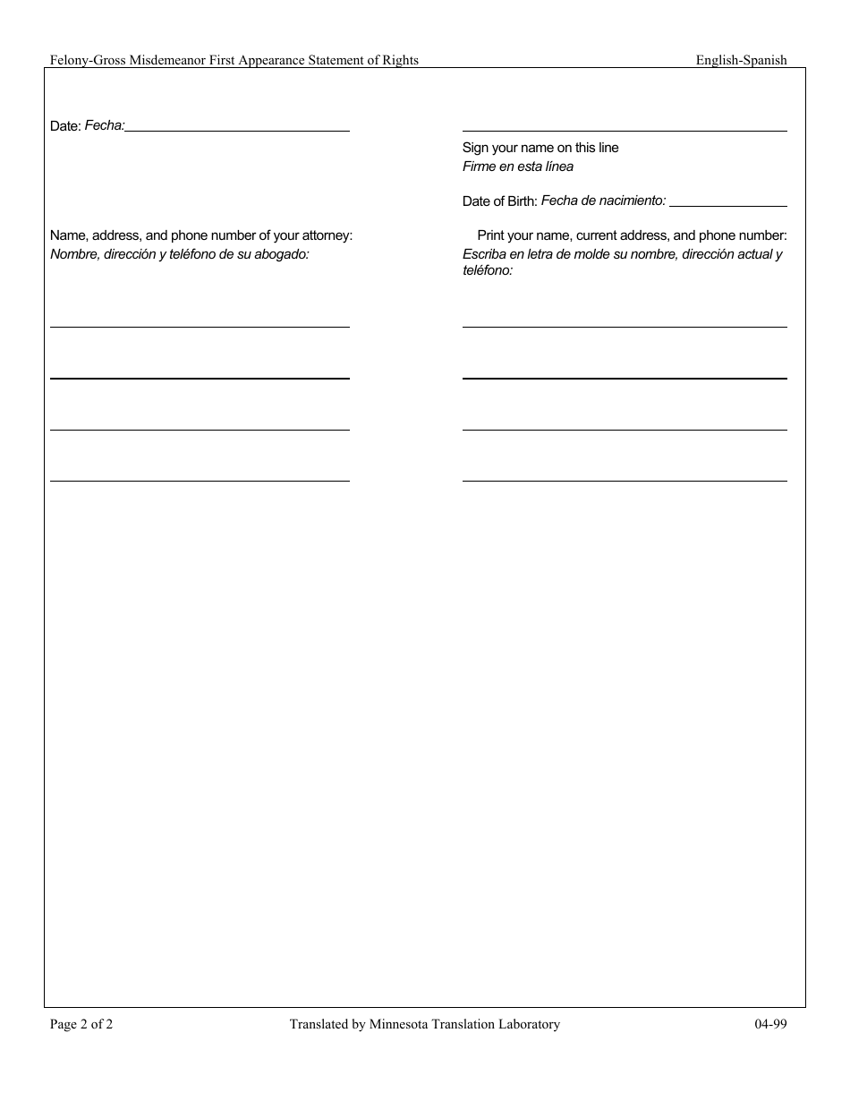 Derechos Del Acusado En La Comparecencia Inicial En Casos De Delito Mayor (Felony) Y Delito Menor Grave (Gross Misdemeanor) - Minnesota (English / Spanish), Page 2