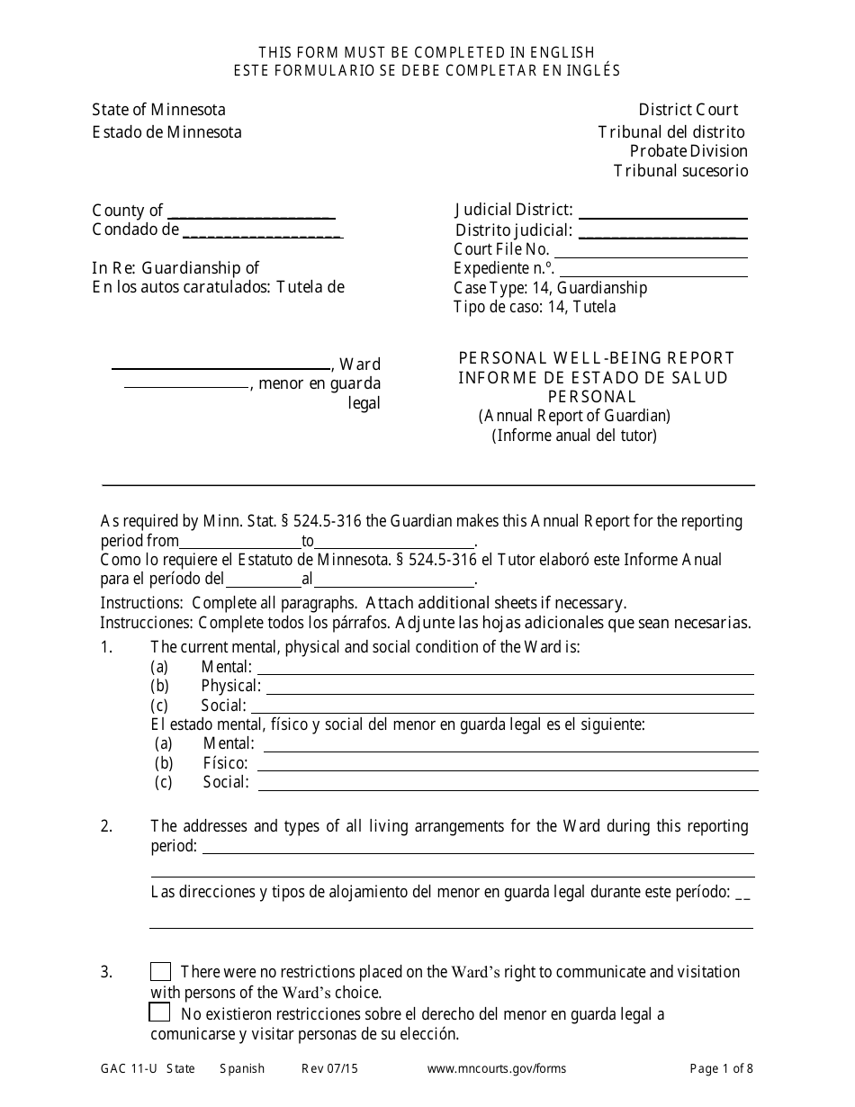 Form GAC11-U Personal Well-Being Report - Minnesota (English / Spanish), Page 1