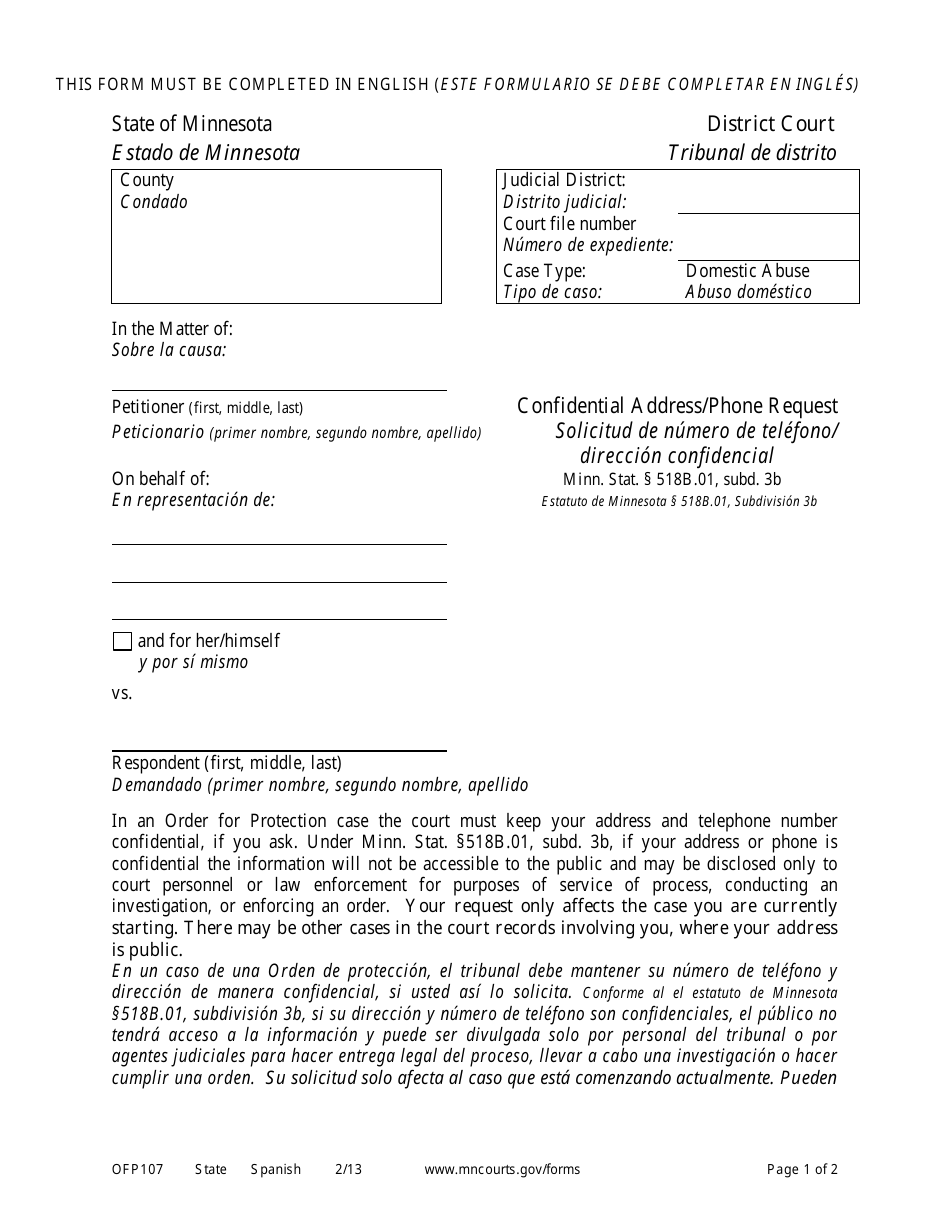 Form OFP107 Solicitud De Numero De Telefono / Direccion Confidencial - Minnesota (English / Spanish), Page 1