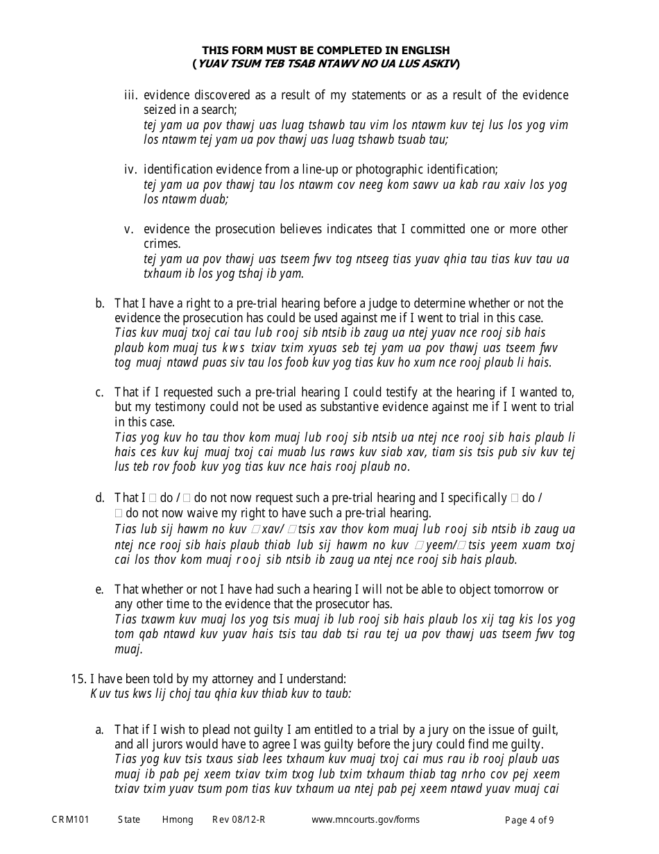 Form CRM101 Petition to Enter Plea of Guilty in Felony Case Pursuant to Rule 15 - Minnesota (English / Hmong), Page 4