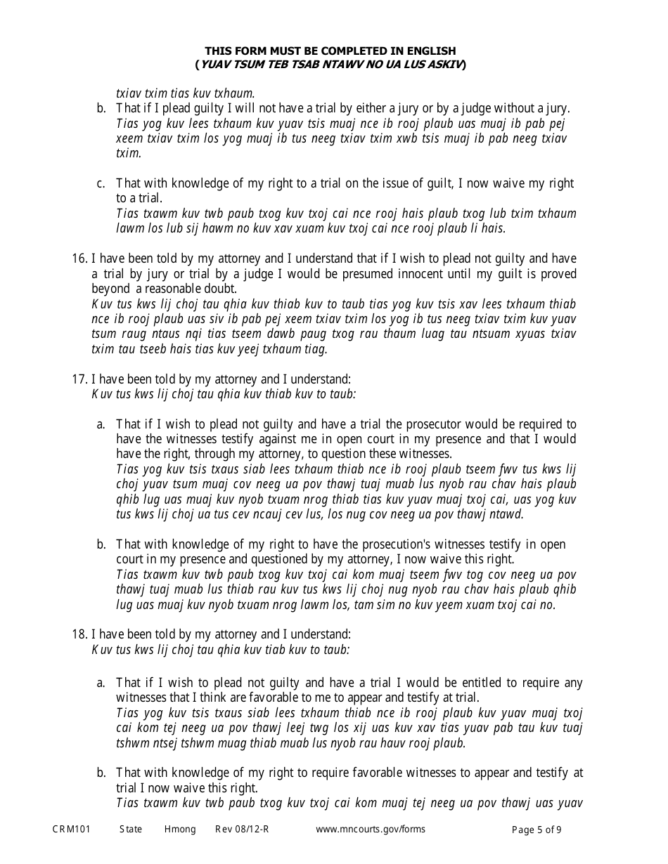 Form CRM101 Petition to Enter Plea of Guilty in Felony Case Pursuant to Rule 15 - Minnesota (English / Hmong), Page 5