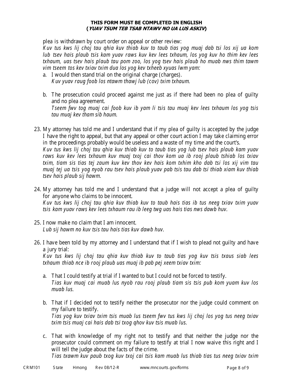 Form CRM101 Petition to Enter Plea of Guilty in Felony Case Pursuant to Rule 15 - Minnesota (English / Hmong), Page 8
