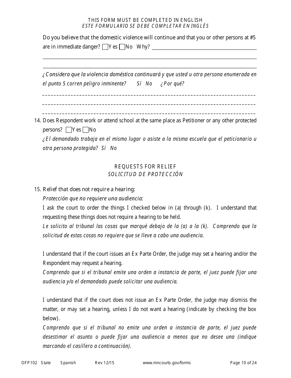 Form OFP102 Petitioners Affidavit and Petition for Order for Protection - Minnesota (English / Spanish), Page 10