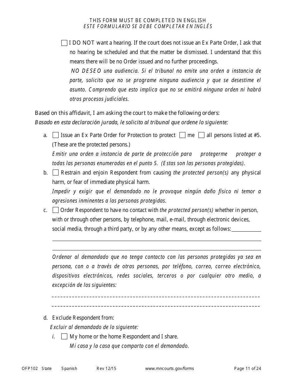 Form OFP102 Petitioners Affidavit and Petition for Order for Protection - Minnesota (English / Spanish), Page 11