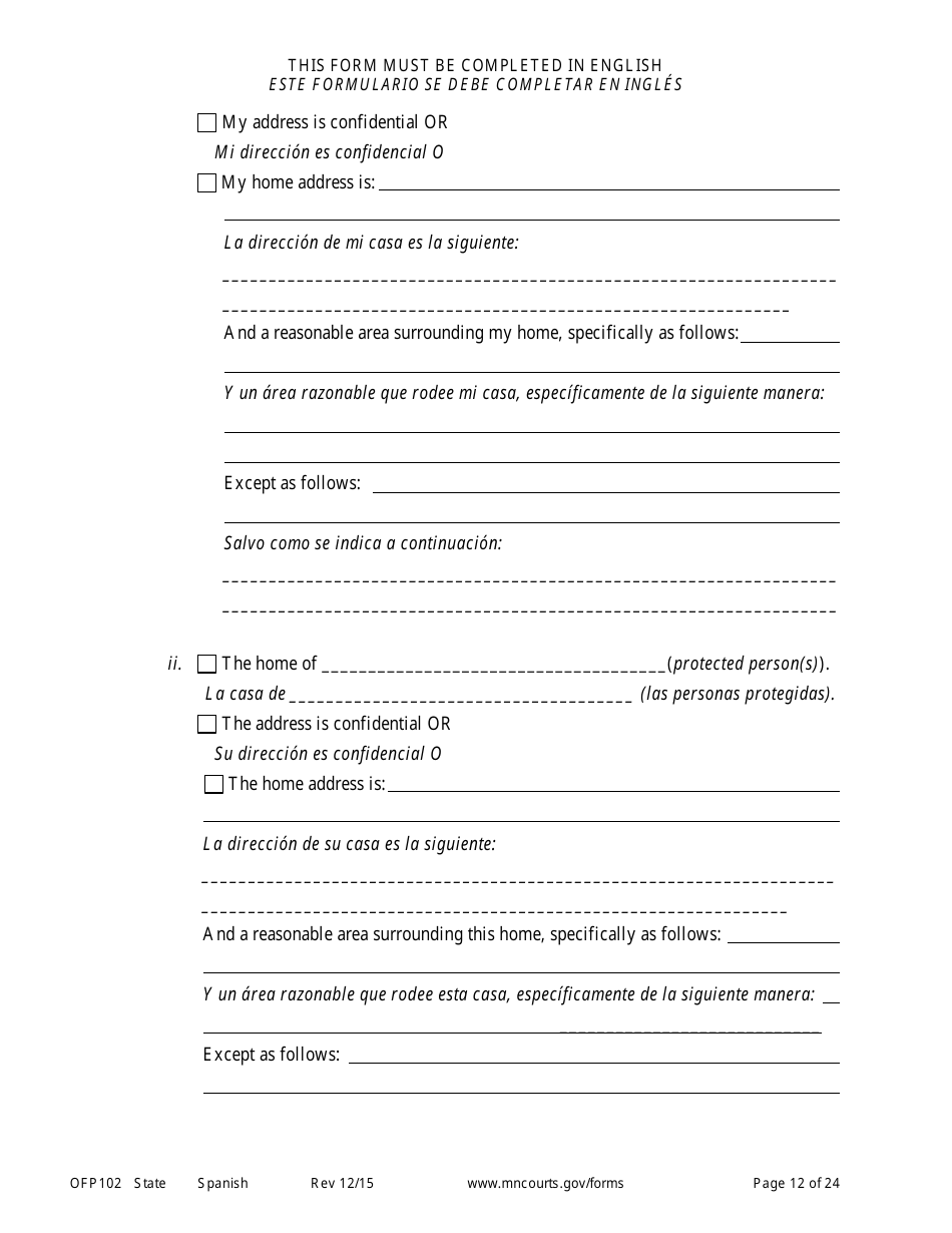Form OFP102 Petitioners Affidavit and Petition for Order for Protection - Minnesota (English / Spanish), Page 12