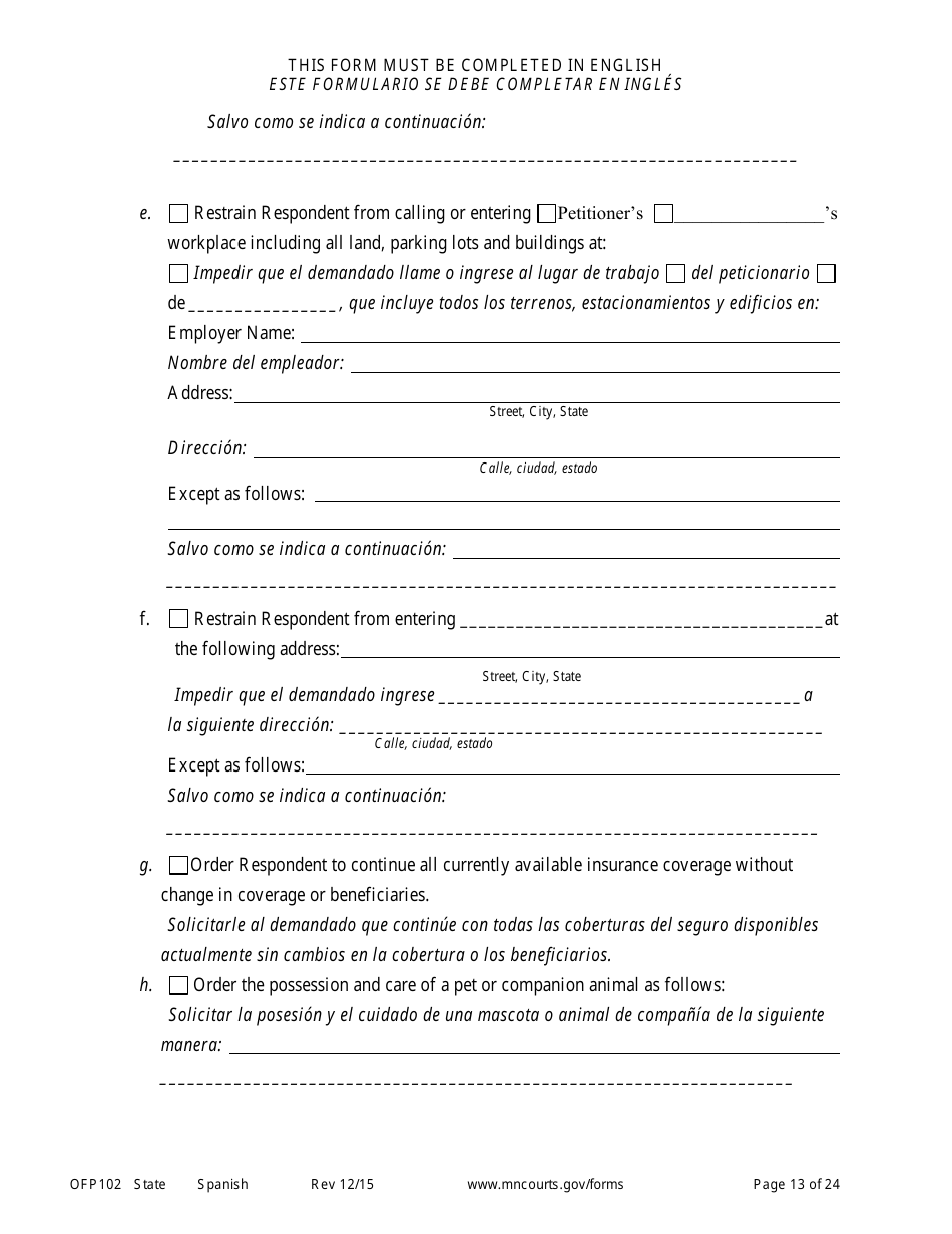 Form OFP102 Petitioners Affidavit and Petition for Order for Protection - Minnesota (English / Spanish), Page 13