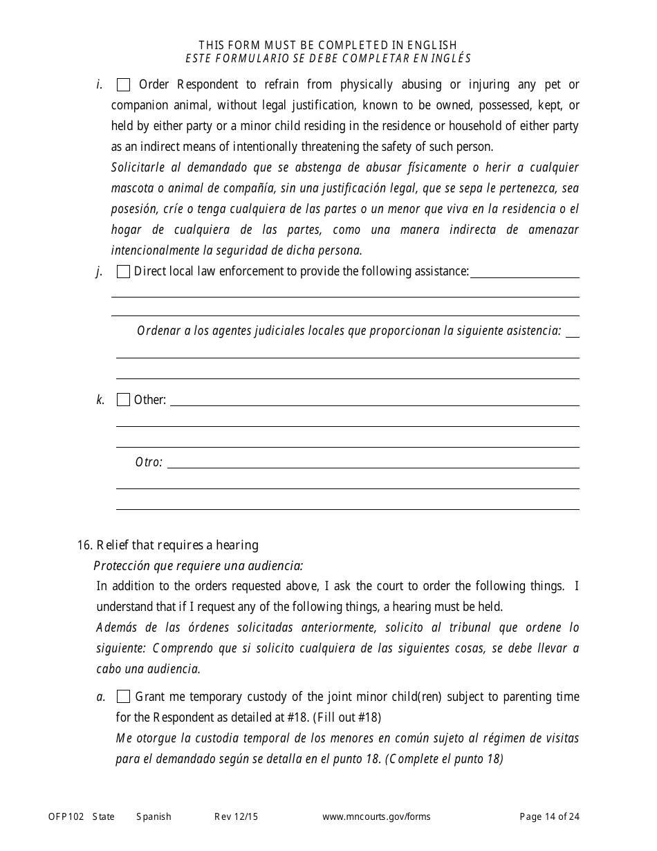 Form OFP102 Petitioners Affidavit and Petition for Order for Protection - Minnesota (English / Spanish), Page 14