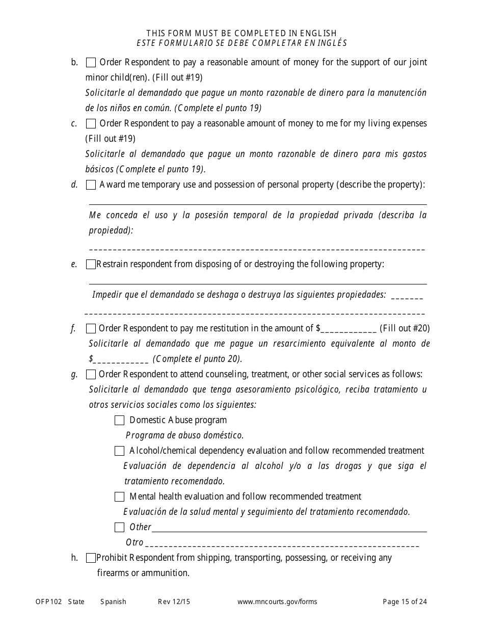 Form OFP102 Petitioners Affidavit and Petition for Order for Protection - Minnesota (English / Spanish), Page 15