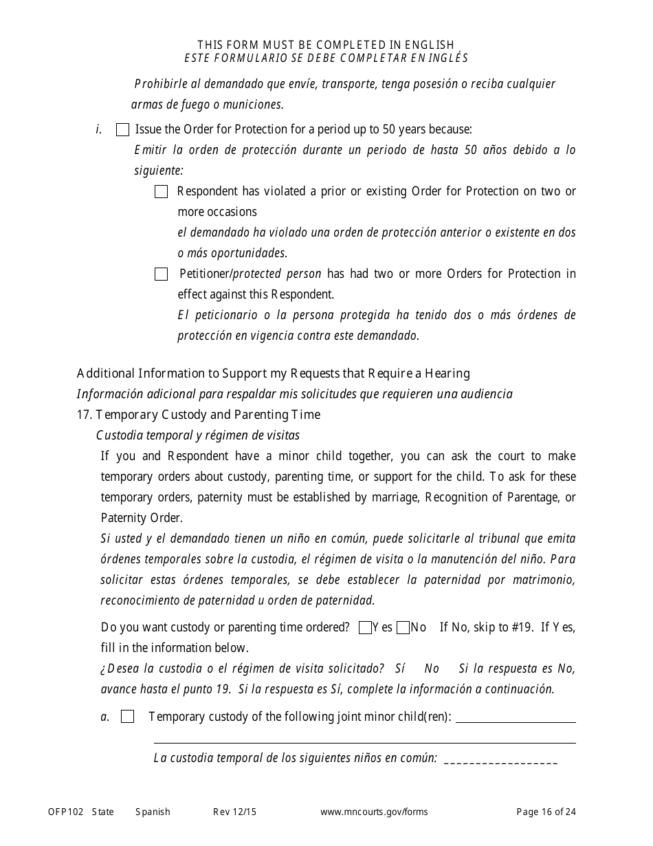 Form OFP102 Petitioners Affidavit and Petition for Order for Protection - Minnesota (English / Spanish), Page 16