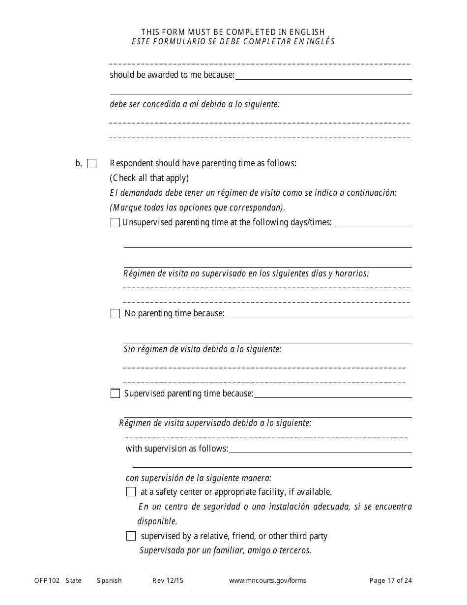 Form OFP102 Petitioners Affidavit and Petition for Order for Protection - Minnesota (English / Spanish), Page 17