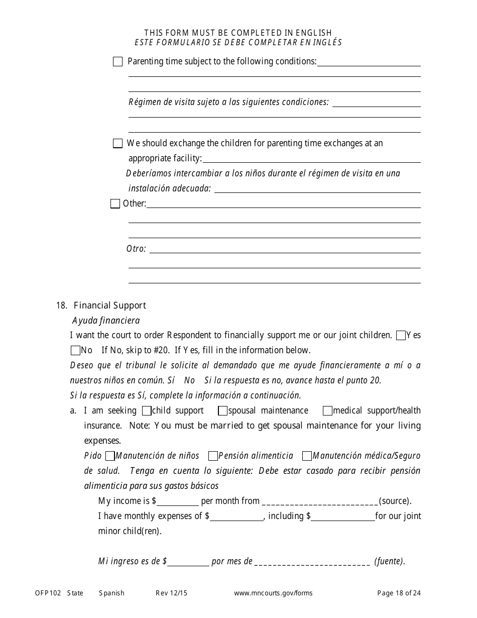 Form OFP102 Petitioners Affidavit and Petition for Order for Protection - Minnesota (English / Spanish), Page 18