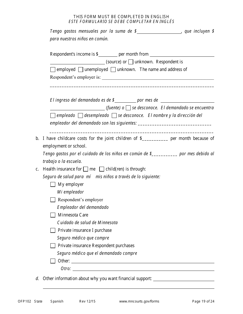 Form OFP102 Petitioners Affidavit and Petition for Order for Protection - Minnesota (English / Spanish), Page 19