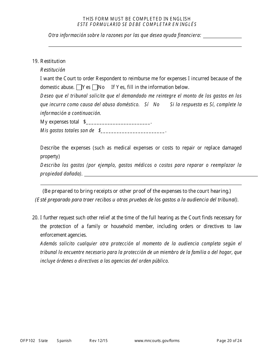 Form OFP102 Petitioners Affidavit and Petition for Order for Protection - Minnesota (English / Spanish), Page 20