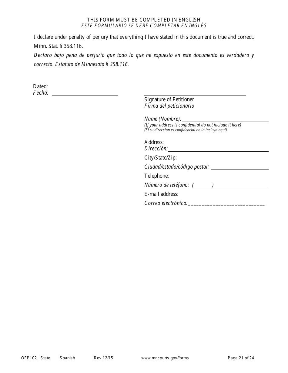 Form OFP102 Petitioners Affidavit and Petition for Order for Protection - Minnesota (English / Spanish), Page 21