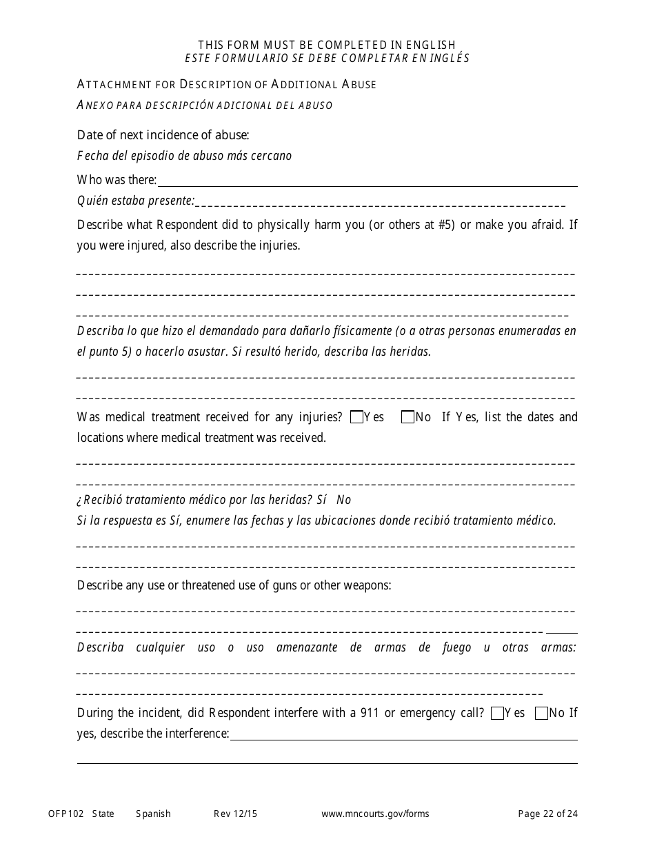 Form OFP102 Petitioners Affidavit and Petition for Order for Protection - Minnesota (English / Spanish), Page 22