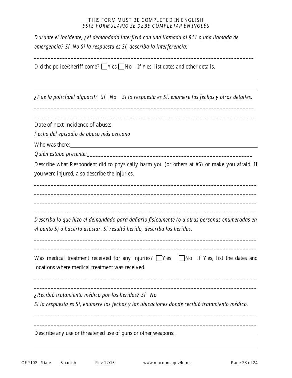 Form OFP102 Petitioners Affidavit and Petition for Order for Protection - Minnesota (English / Spanish), Page 23