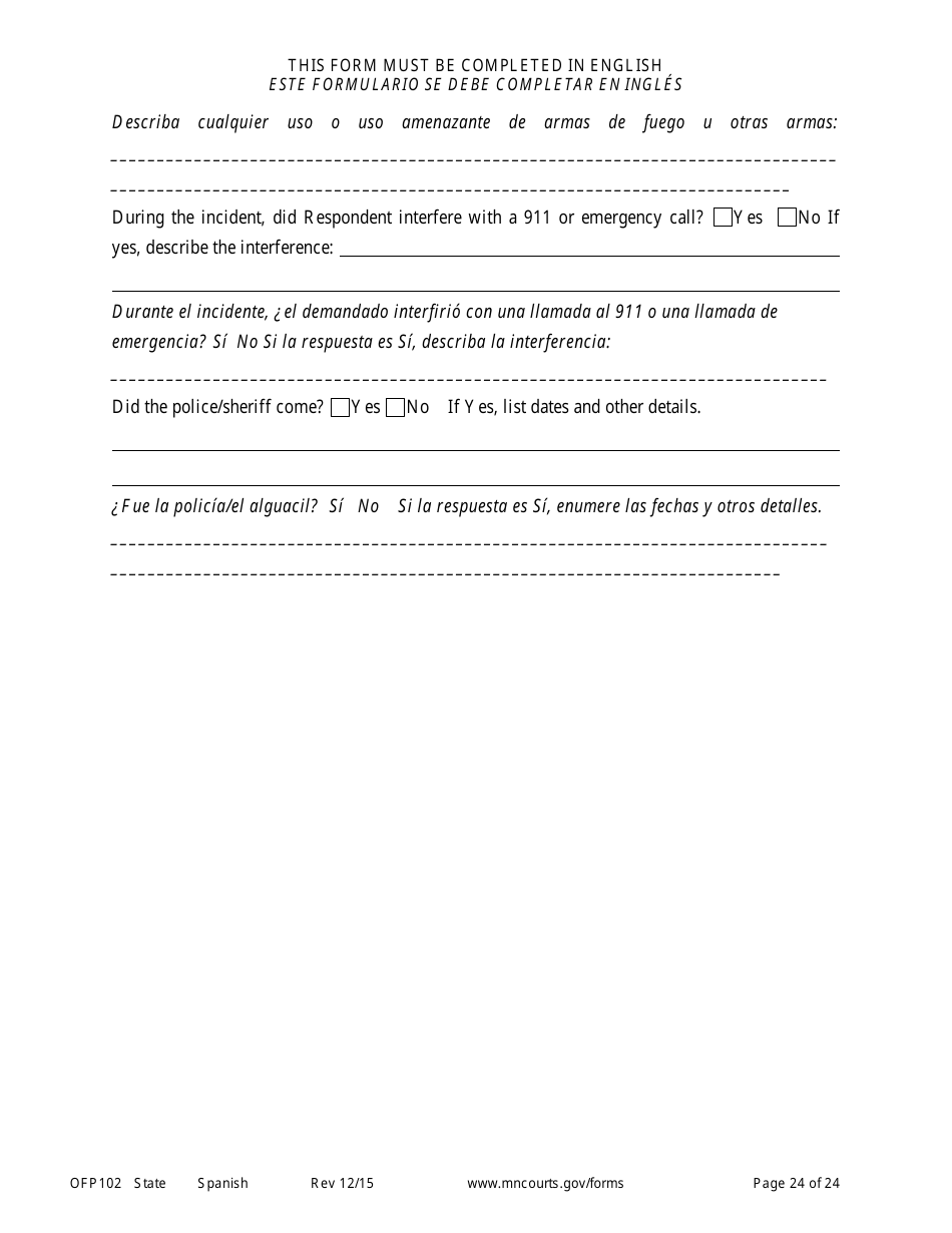 Form OFP102 Petitioners Affidavit and Petition for Order for Protection - Minnesota (English / Spanish), Page 24
