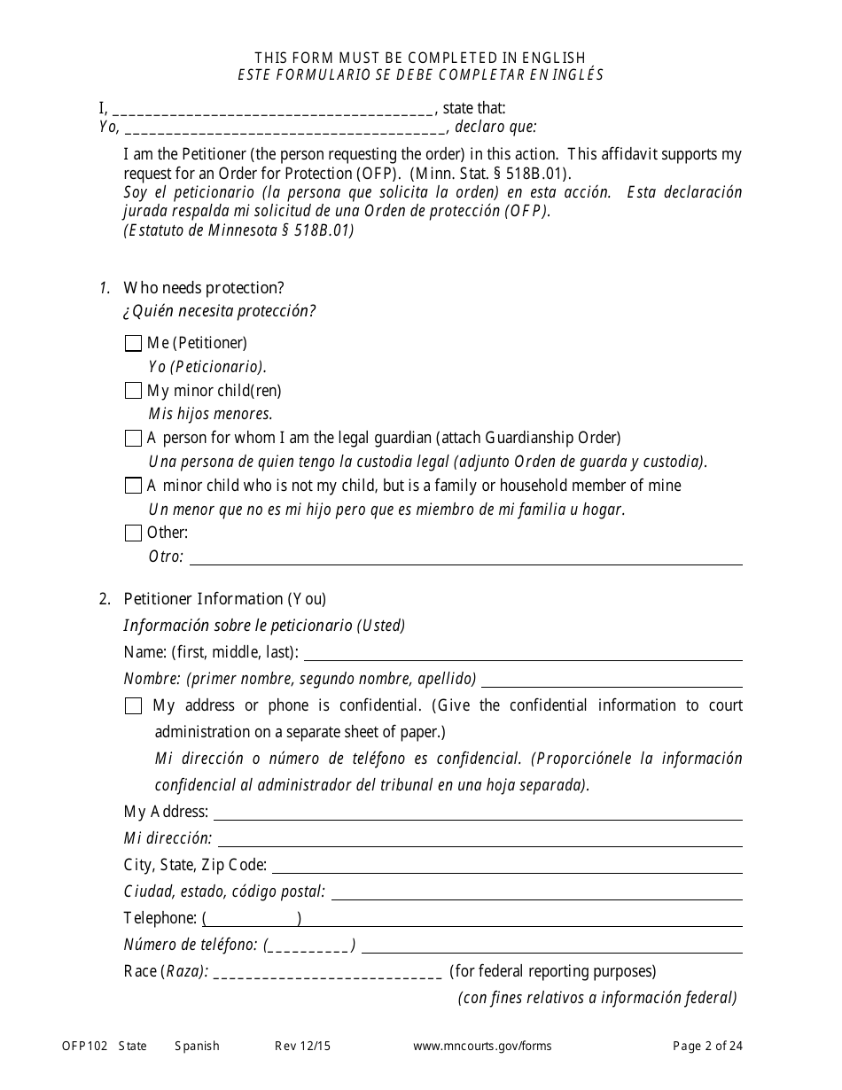 Form OFP102 Petitioners Affidavit and Petition for Order for Protection - Minnesota (English / Spanish), Page 2