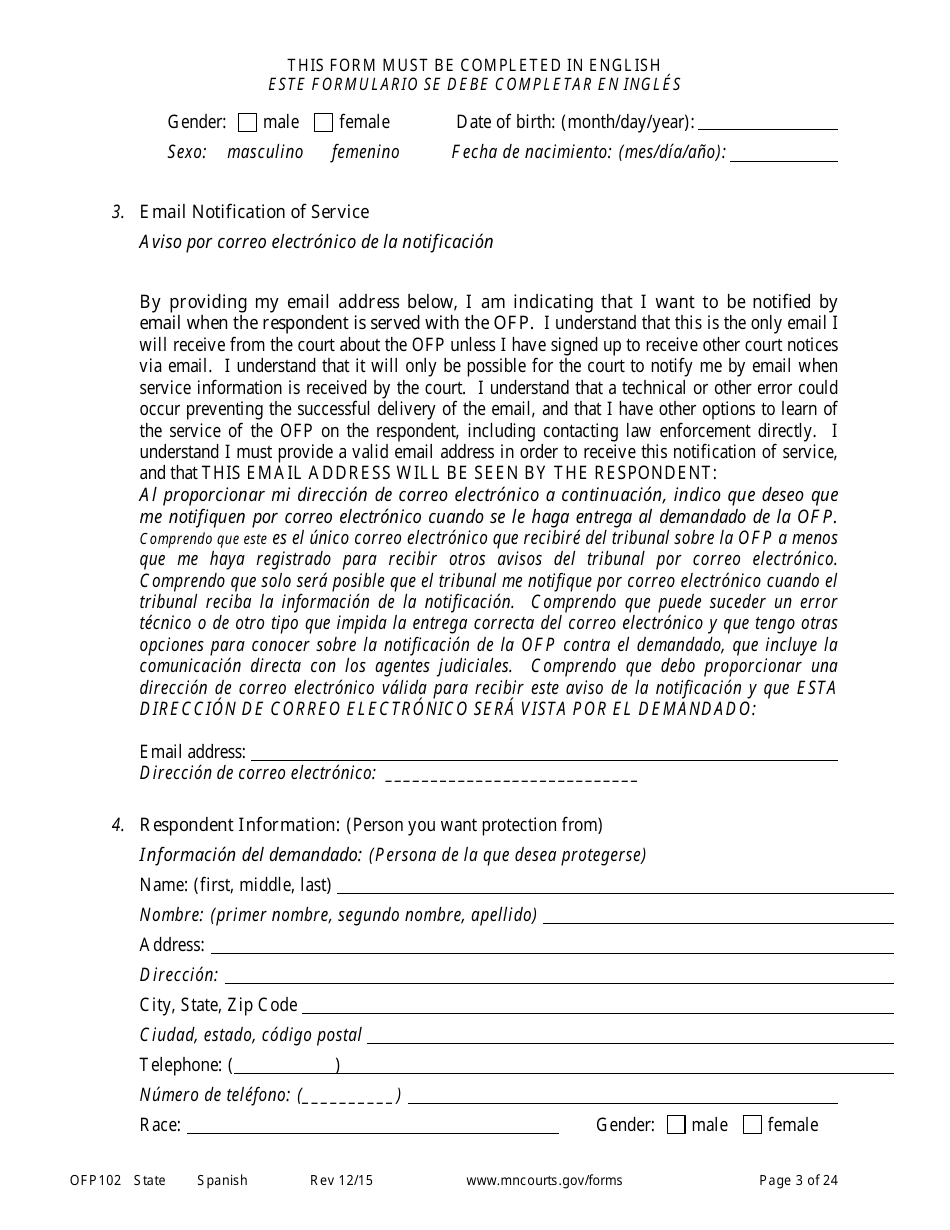 Form OFP102 Petitioners Affidavit and Petition for Order for Protection - Minnesota (English / Spanish), Page 3