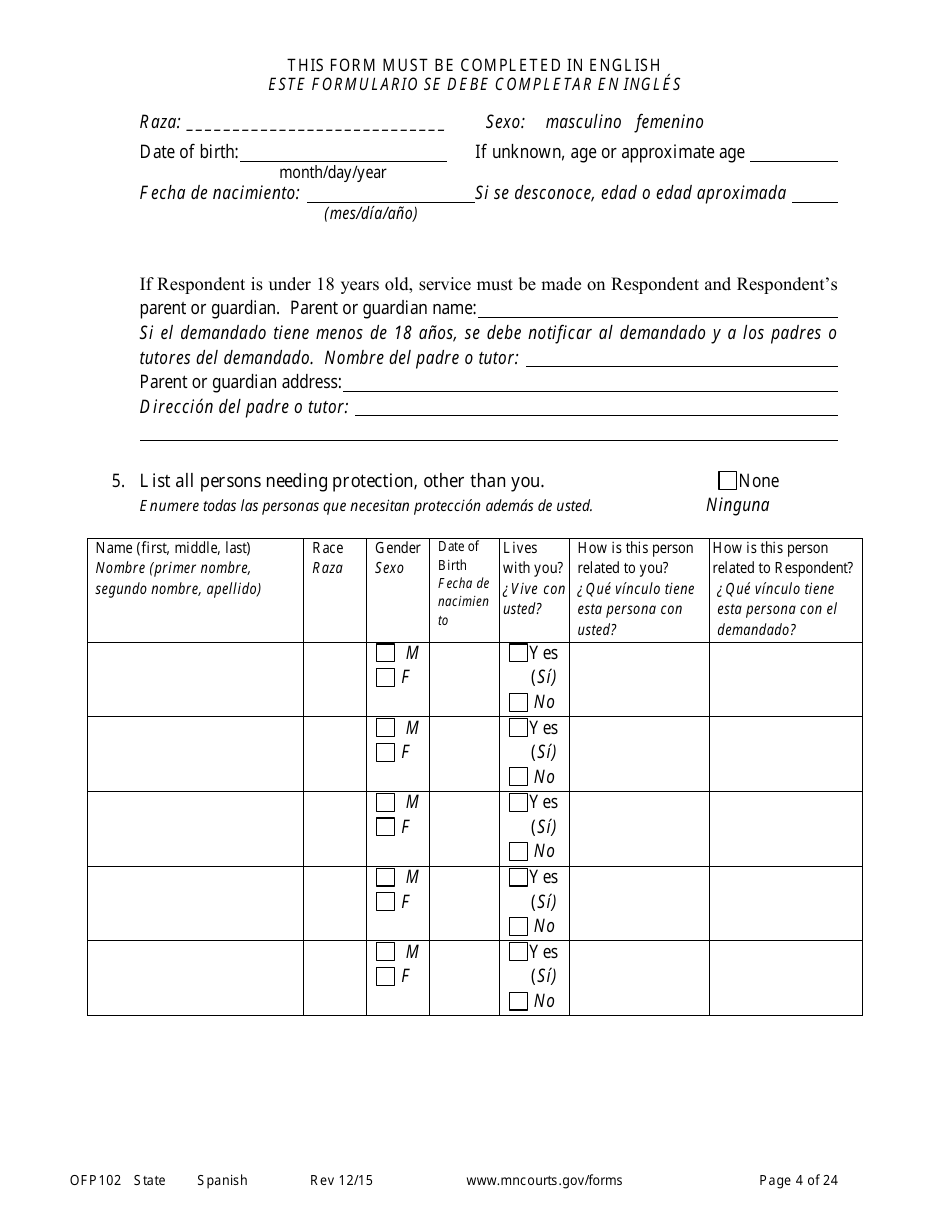 Form OFP102 Petitioners Affidavit and Petition for Order for Protection - Minnesota (English / Spanish), Page 4