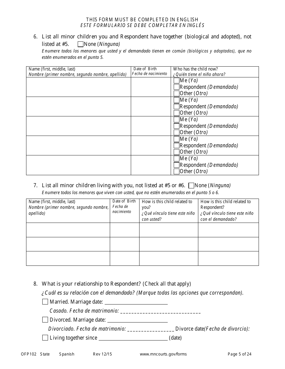 Form OFP102 Petitioners Affidavit and Petition for Order for Protection - Minnesota (English / Spanish), Page 5