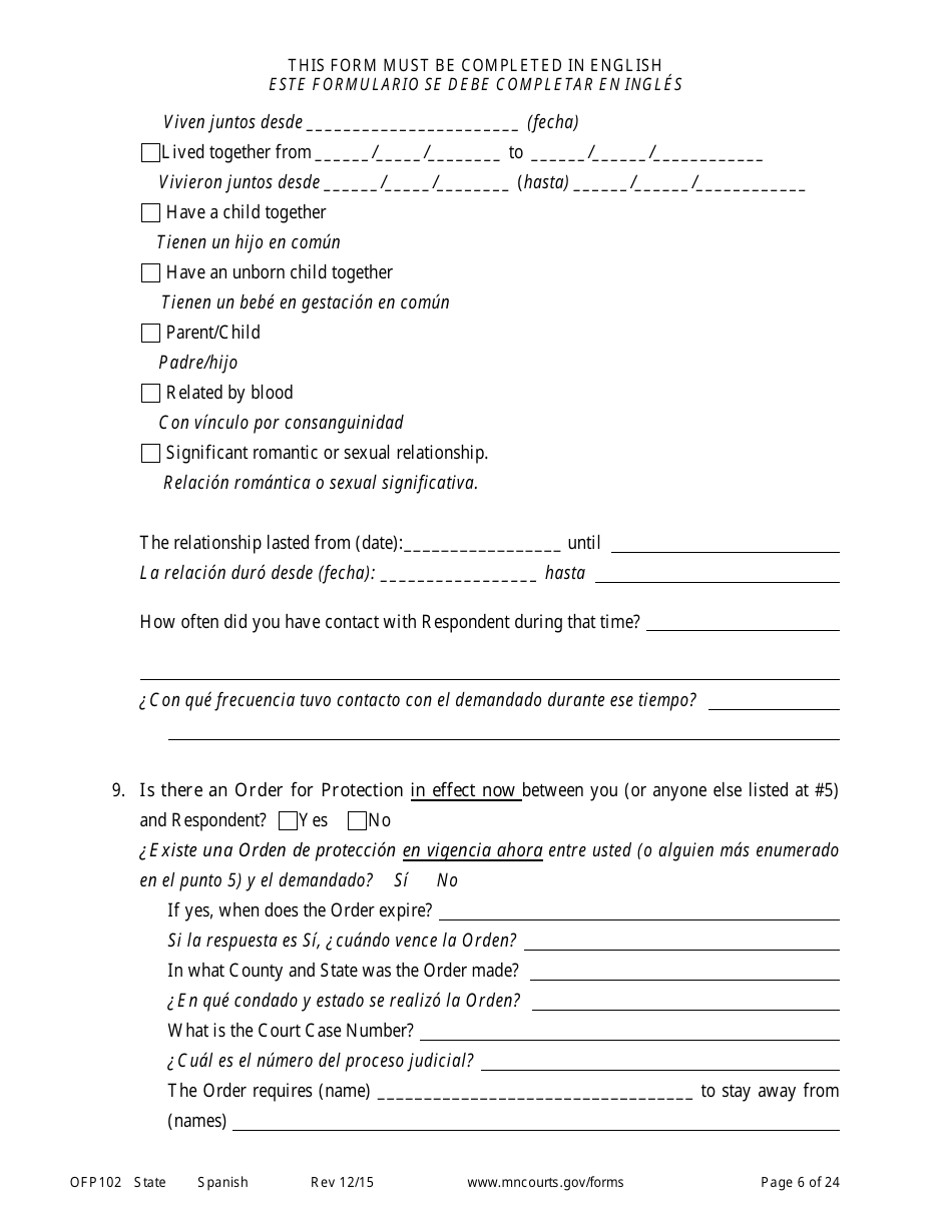 Form OFP102 Petitioners Affidavit and Petition for Order for Protection - Minnesota (English / Spanish), Page 6