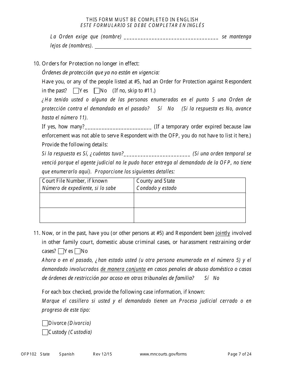Form OFP102 Petitioners Affidavit and Petition for Order for Protection - Minnesota (English / Spanish), Page 7