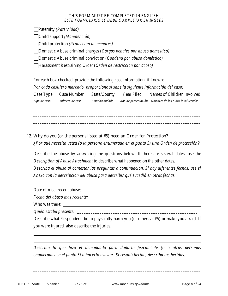 Form OFP102 Petitioners Affidavit and Petition for Order for Protection - Minnesota (English / Spanish), Page 8