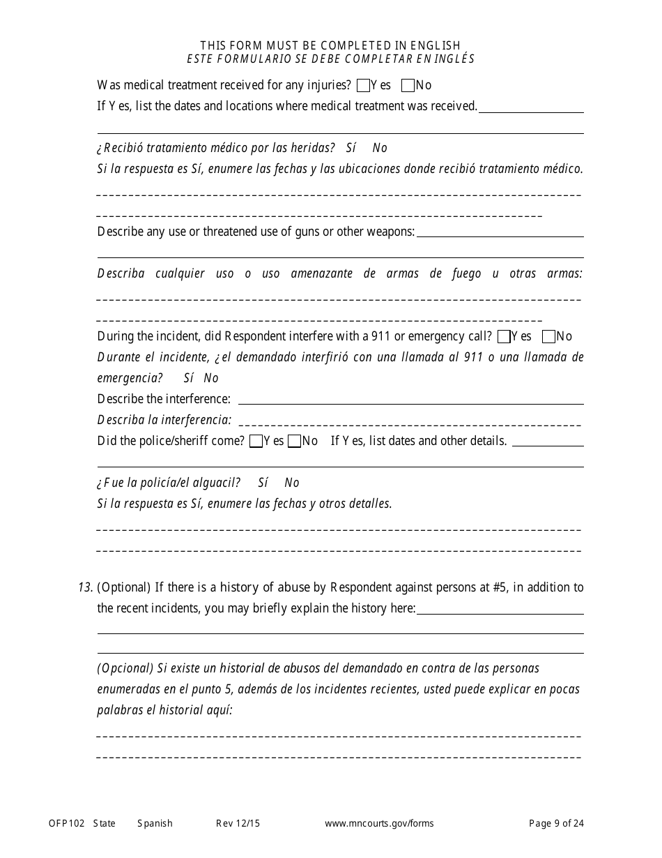 Form OFP102 Petitioners Affidavit and Petition for Order for Protection - Minnesota (English / Spanish), Page 9