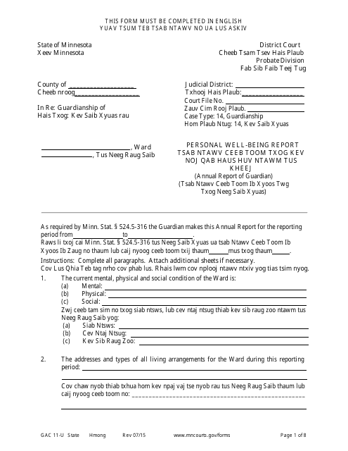 Form GAC11-U Personal Well-Being Report - Minnesota (English/Hmong)