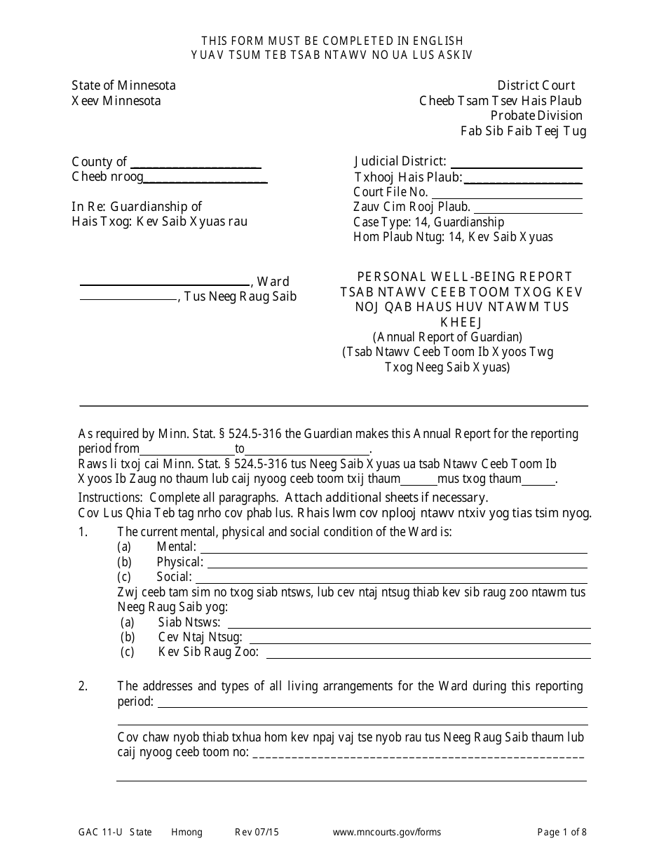 Form GAC11-U Personal Well-Being Report - Minnesota (English / Hmong), Page 1