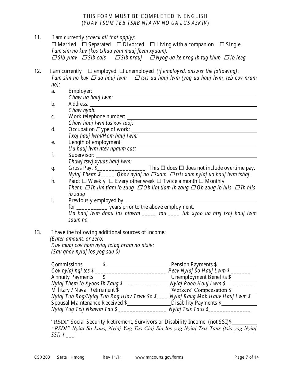 Form CSX203 Affidavit in Support of Motion to Modify Child Support - Minnesota (English / Hmong), Page 7