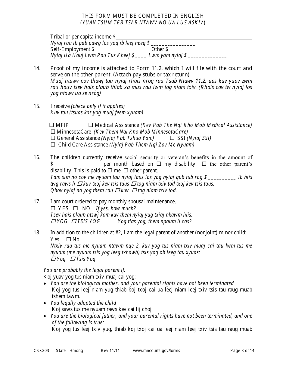 Form CSX203 Affidavit in Support of Motion to Modify Child Support - Minnesota (English / Hmong), Page 8