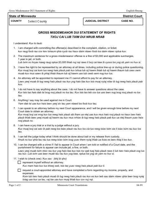 Gross Misdemeanor Dui Statement of Rights - Minnesota (English/Hmong)
