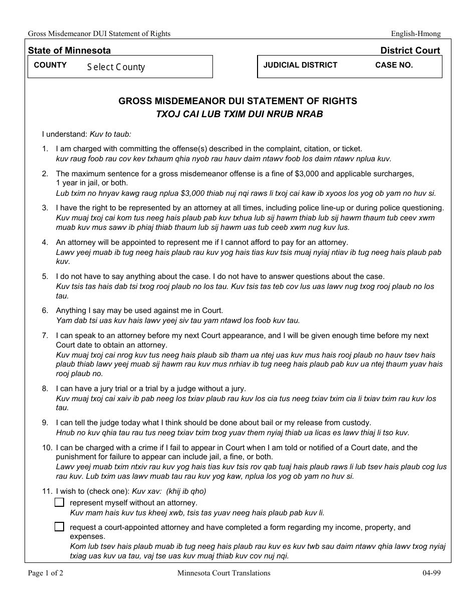 Gross Misdemeanor Dui Statement of Rights - Minnesota (English / Hmong), Page 1