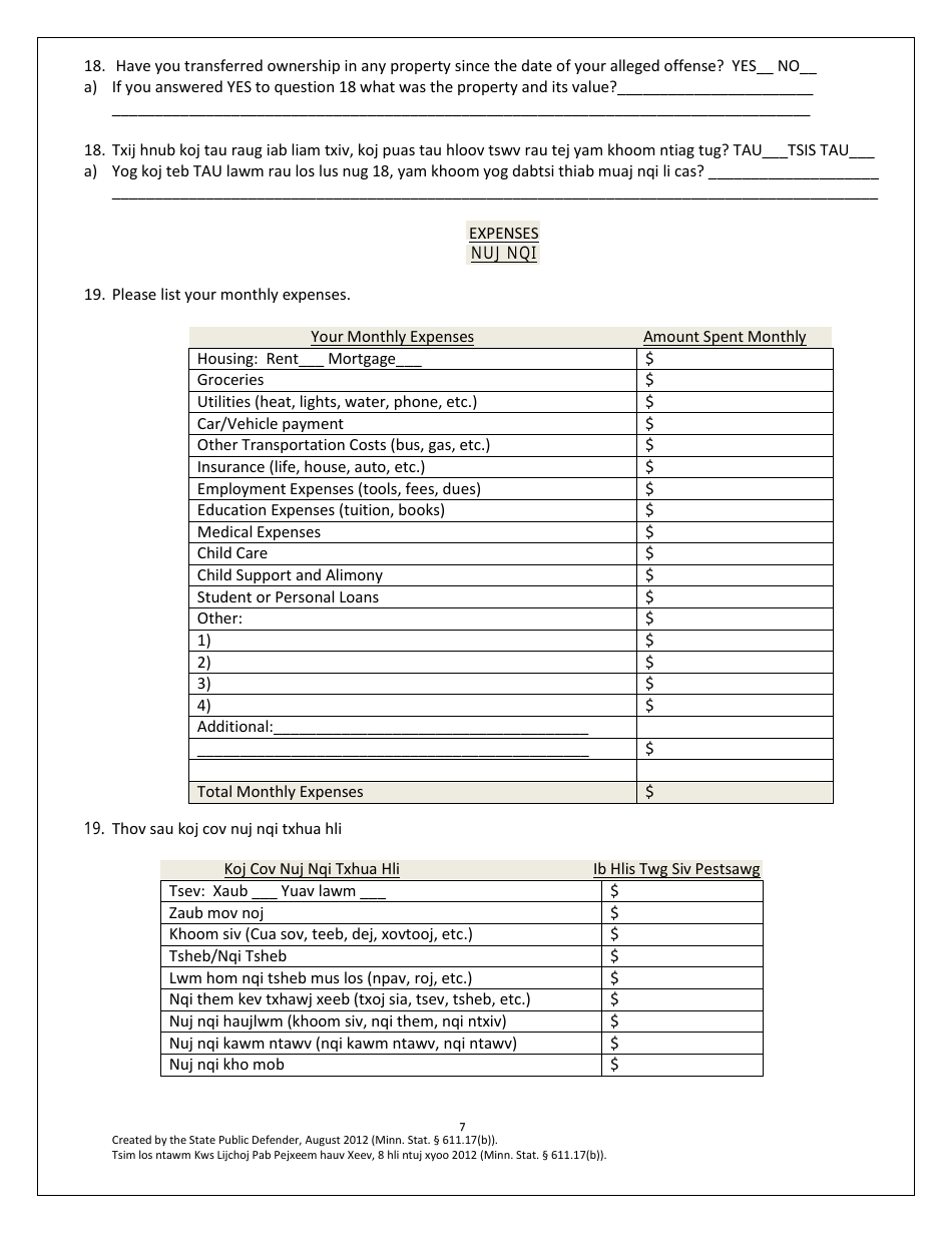 Minnesota Application For A Public Defender (English/Hmong) - Fill Out ...