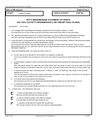 Document preview: Petty Misdemeanor Statement of Rights - Minnesota (English/Hmong)