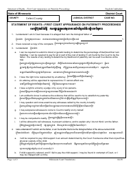 Document preview: Statement of Rights - First Court Appearance on Paternity Proceedings - Minnesota (English/Cambodian)