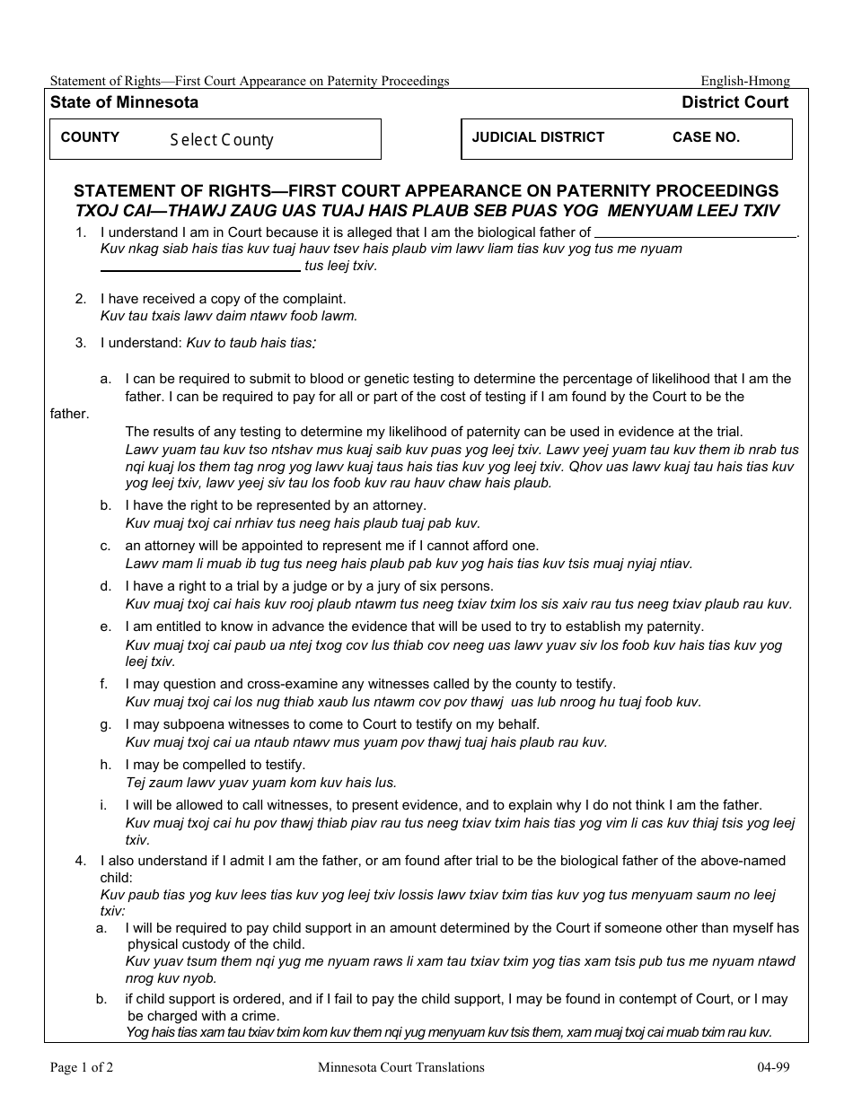 Minnesota Statement of Rights First Court Appearance on Paternity