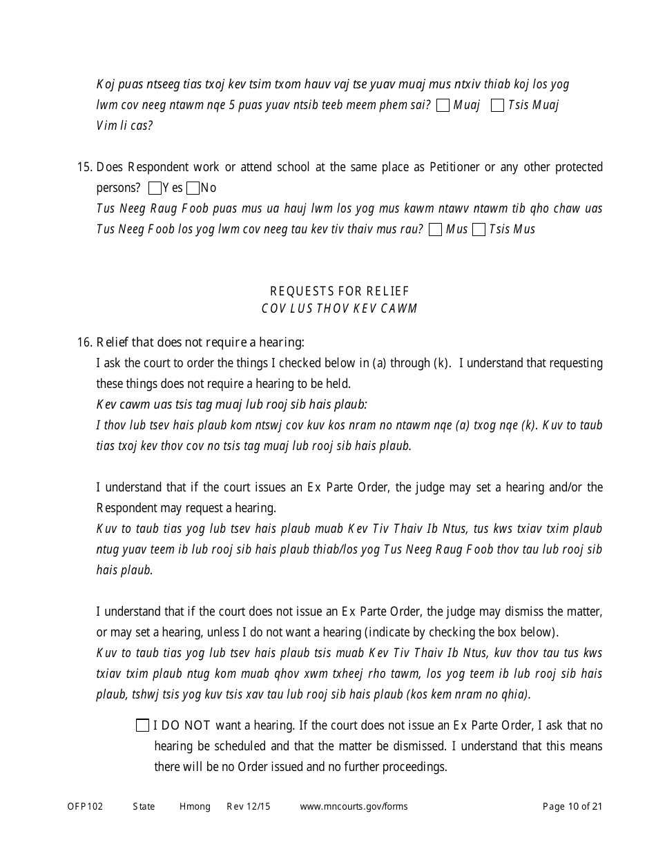Form OFP102 Petitioners Affidavit and Petition for Order for Protection - Minnesota (English / Hmong), Page 10